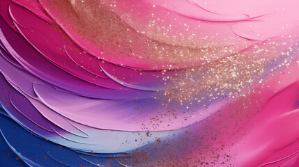 Różowo - fioletowy obraz malowany farbą olejną na płótnie - tło posypane brokatem. Fale - obrazy, fototapety, plakaty