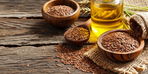 Flaxseed Oil And Seeds, Beautifully Arranged On Rustic Wooden Table. Сoncept Healthy Eating, Flaxseed Benefits, Rustic Food Display, Nutritional Supplements