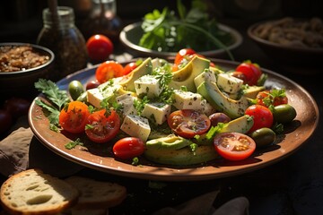 Fresh Avocado Salad With Cherry Tomatoes and Feta Cheese on a Rustic Table