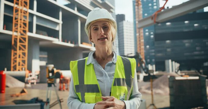 Empowered Adult Female Engineer Talking in Front of a Camera at a Building Construction Site. Screen Replacement Template for News Broadcast, Movie, Video Call on a Computer or Smartphone Display