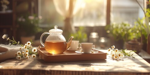 Fototapeta na wymiar Inviting Scene Wooden Tray With Teapot, Cups, And Chamomile Tea, Surrounded By Sunlight In Cozy Room. Сoncept Cozy Tea Time, Sunlit Retreat, Serene Ambience, Relaxing Cups Of Tea, Charming Tea Tray