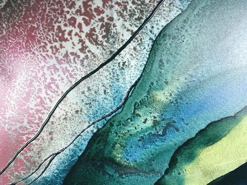 Abstract fluid art in green and turquoise tones. Hand-made with alcohol ink. Features organic flowing shapes. No real property or natural materials depicted.