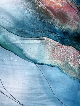 Abstract fluid art in green and turquoise tones. Hand-made with alcohol ink. Features organic flowing shapes. No real property or natural materials depicted.
