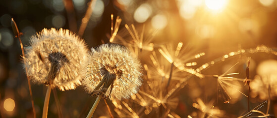 A pair of dandelion seed heads, capturing the warm glow of a setting sun