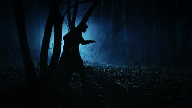 A dark figure in a cloak with a hood in a sinister night forest. Fantasy demon or witcher in the night.
