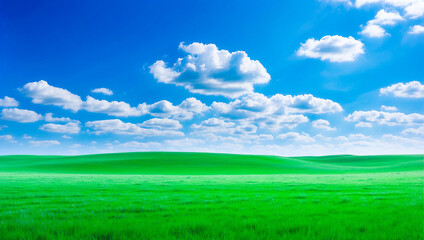 Fototapeta na wymiar meadow, grassland, landscape,agriculture,lawn, field, sky, cloud, flower, nature, spring,Background image of a vast green field under a bright blue sky. bright green grass Receives light well The ba