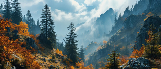 Majestic mountain peaks rising above the misty alpine forest