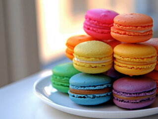 Close-up of a whimsically stacked assortment of macarons in a rainbow of colors, placed on a simple white plate against a soft, neutral background.