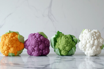 Colorful Cauliflower Varieties on Marble Background, An array of vibrant orange, purple, green, and white cauliflower heads against a clean marble background.