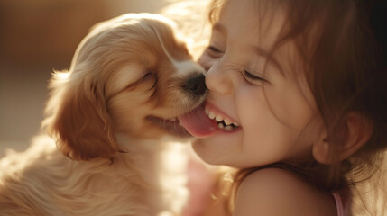 An adorable close-up of a child giggling while a tiny puppy licks their face, showcasing the sweetness of the bond