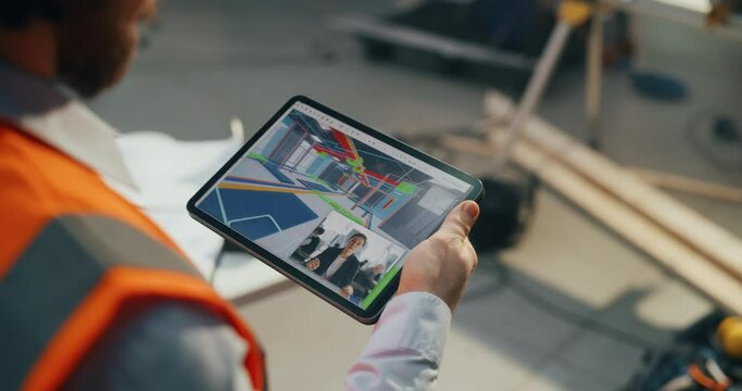 Civil Engineer Talking with a Real Estate Business Developer on a Video Call Software on a Tablet Computer. Split Screen with Phone App and 3D Virtual Reality Tour of a Building on a Construction Site