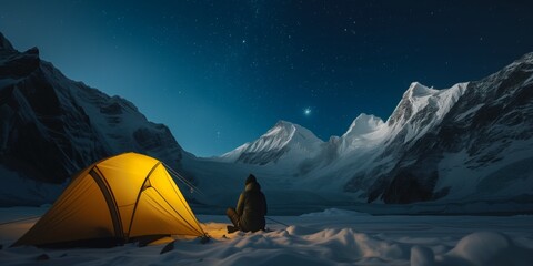 Person With Yellow Tent Gazes At Starry Sky While Camping In Snowcapped Mountains. Сoncept Adventure Travel, Camping Under The Stars, Mountain Getaway, Winter Wonderland, Camping With A View