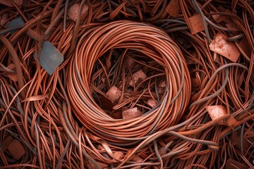 Scattered Copper Cables Coil Together, Forming Backdrop Of Milbers Copper Scrap. Сoncept Abstract Metal Art, Industrial Photography, Recycling Materials, Creative Backdrops, Textured Backgrounds - obrazy, fototapety, plakaty
