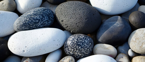 A diverse collection of patterned pebbles in white, gray, and black