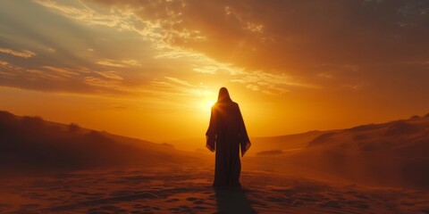 Silhouette Of Jesus Christ In Desert Against Stunning Sunset. Сoncept Breathtaking Landscape, Spiritual Symbolism, Majestic Sunset, Religious Iconography, Serene Desert Scenery