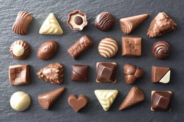 Assortment of chocolates placed in a pattern on slate plate