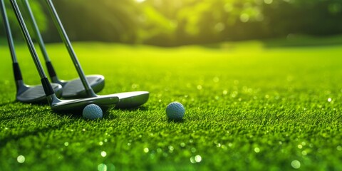 The Perfect Swing Golf Clubs Poised On Lush Green Grass, Awaiting Victory. Сoncept Beach Bonfire, Camping Adventures, Hiking Trails, Sunrise Yoga, Picnic In The Park