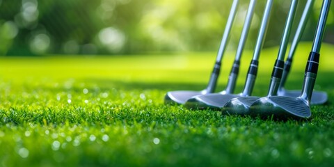The Perfect Swing Golf Clubs Poised On Lush Green Grass, Awaiting Victory. Сoncept Golf Swings, Lush Green Grass, Perfect Swing Golf Clubs, Awaiting Victory
