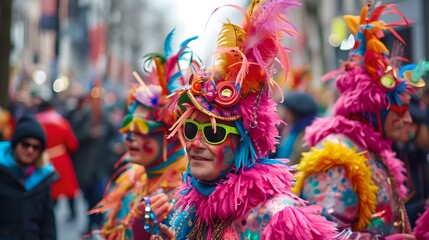 Vibrant carnival reveler in feathered costume celebrates on the street. colorful festival atmosphere captured. joyful event scene. perfect for seasonal themes. AI