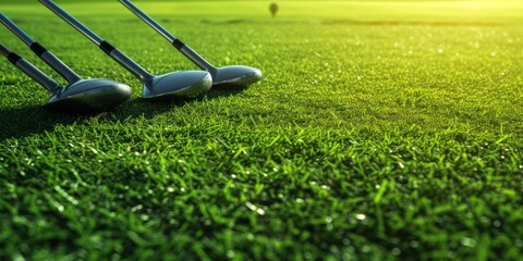 The Perfect Swing Golf Clubs Poised On Lush Green Grass, Awaiting Victory. Сoncept Golf Course Serenity, Championship Moments, Winning Strokes, Green Glory, Golf Club Euphoria