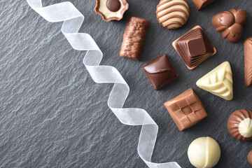 Assortment of chocolates on a diagonal slate plate top view
