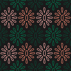 Black seamless pattern with colorful outline flowers