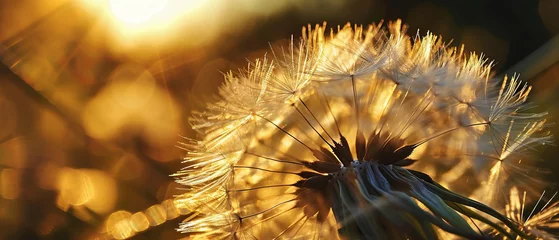Rolgordijnen Close-up of a dandelion seed head illuminated by warm golden sunlight © Lidok_L