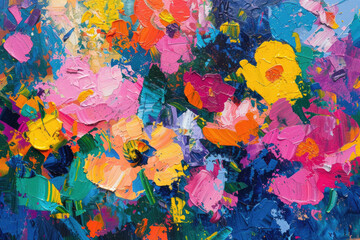 A vibrant and energetic painting capturing the essence of a blooming garden, using abstract forms and a riot of colors