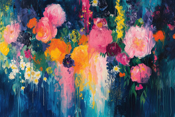 A vibrant and energetic painting capturing the essence of a blooming garden, using abstract forms and a riot of colors