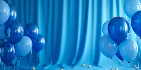 Foto op Plexiglas Vibrant Blue Celebration Backdrop Adorned With Balloons, Customizable For Any Occasion. Сoncept Fantasy Forest Photoshoot, Vintage-Inspired Portraits, Romantic Sunset Beach Session © Anastasiia