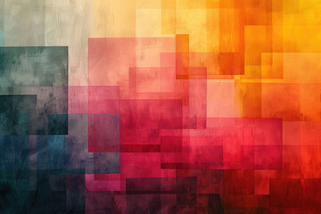 Abstract composition of layered rectangles and squares, using a gradient of warm to cool hues to depict depth and texture - obrazy, fototapety, plakaty