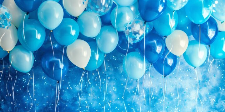 Vibrant Blue Celebration Backdrop Adorned With Balloons, Customizable For Any Occasion. Сoncept Candid Family Moments, Nature-Inspired Portraits, Fun With Water Splash, Dramatic Lighting Techniques