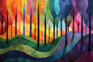 Abstract interpretation of a forest landscape, blending vibrant colors and organic shapes, capturing the essence of nature in an artistic form