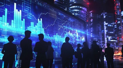 A group of businesspeople looking at a digital screen displaying market trends