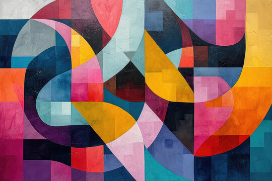 Abstract painting featuring a complex array of interlocking geometric shapes, with a bold and vibrant color palette