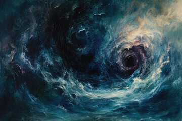 An abstract expressionist artwork depicting the chaos and beauty of a storm, using swirling patterns and a moody color palette