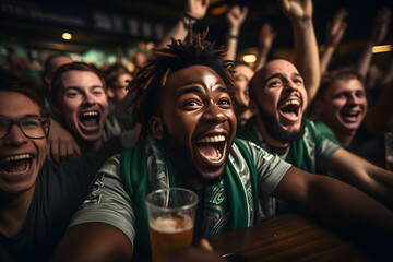 Soccer fans watching the game in the pub and cheering