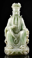 Sculpture of a Chinese God of Wealth, Hetian jade isolated on a black background