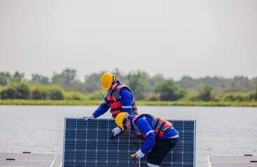 Technicians check floating solar farm wiring, polarity, and grounding for reliability and safety