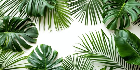 Fototapeta na wymiar Vibrant Tropical Palm Leaves Set Against Pristine White Background, Perfect For Customization. Сoncept Abstract Watercolor Paintings, Cozy Autumnal Scenes, Adventure Travel Photography