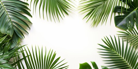 Fototapeta na wymiar Vibrant Tropical Palm Leaves Set Against Pristine White Background, Perfect For Customization. Сoncept Nature-Inspired Watercolor Paintings, Urban Cityscapes At Night, Ethereal Sunset Beaches