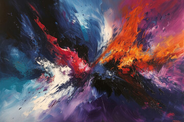 An abstract expressionist painting inspired by nature's fury, with intense colors and dramatic movements suggesting a wild storm