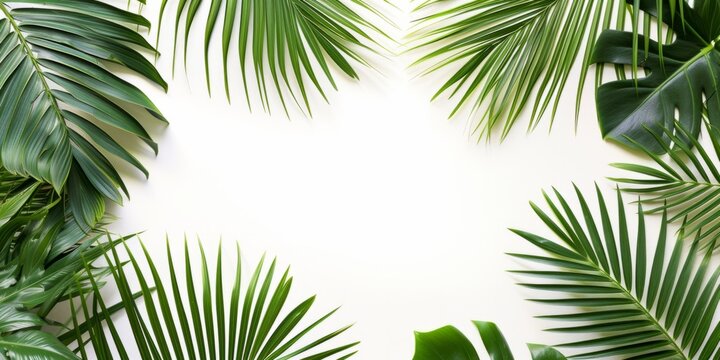 Vibrant Tropical Palm Leaves Set Against Pristine White Background, Perfect For Customization. Сoncept Nature-Inspired Watercolor Paintings, Urban Cityscapes At Night, Ethereal Sunset Beaches