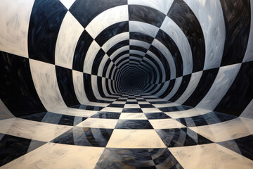 Geometric abstract painting with an optical illusion effect, using black and white lines to create depth and perspective