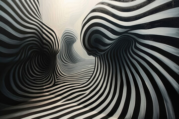 Geometric abstract painting with an optical illusion effect, using black and white lines to create...