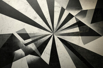 Geometric abstract painting with an optical illusion effect, using black and white lines to create depth and perspective