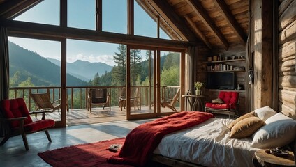 Bedroom in a rustic mountain cottage, with large red and white pillows and autumn panorama view