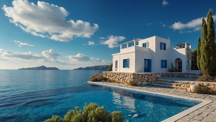 Large Greek-style house directly on the blue sea, with blue-colored wooden doors and windows