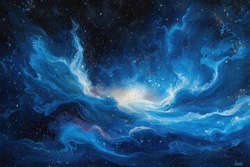 A dreamlike abstract painting evoking a starry night sky, blending deep blues and bright specks to mimic the cosmos