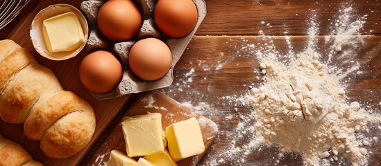 Top-down view of baking necessities for yeast dough and pastry, including eggs, butter, flour-dusted board.